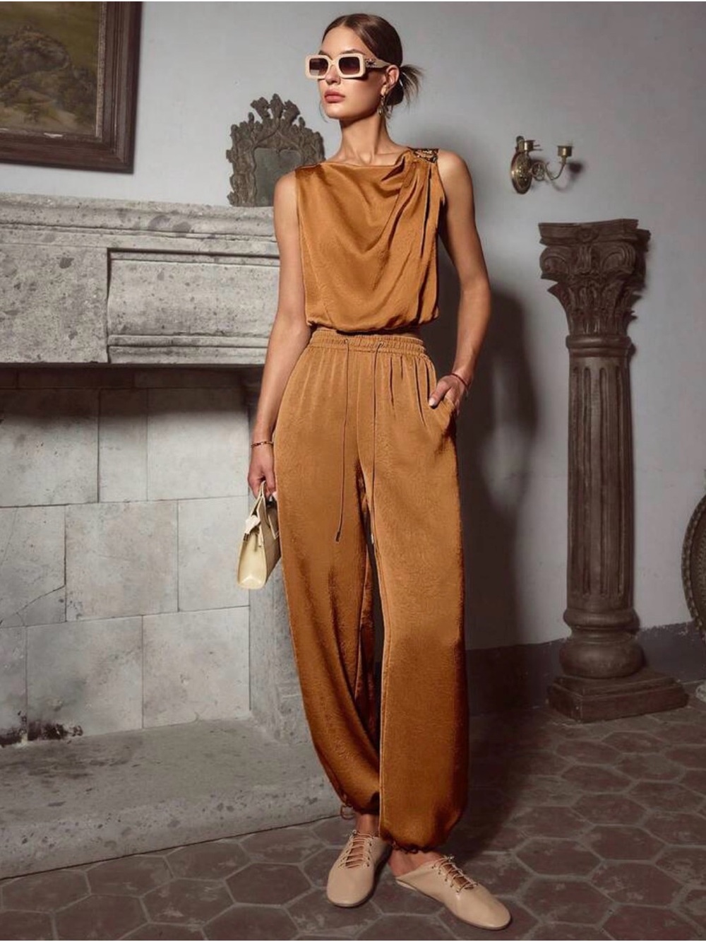 Women’s Satin Caramel Sleeveless Jumpsuit